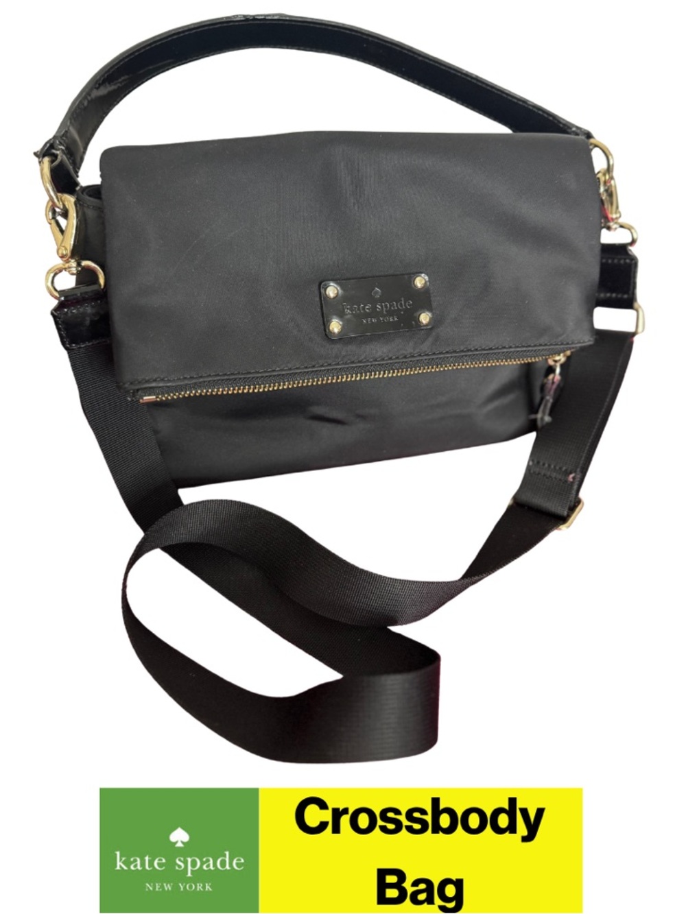 KATE SPADE ♠️ Black Nylon Messenger Crossbody Bag, Gold Hardware, Handle